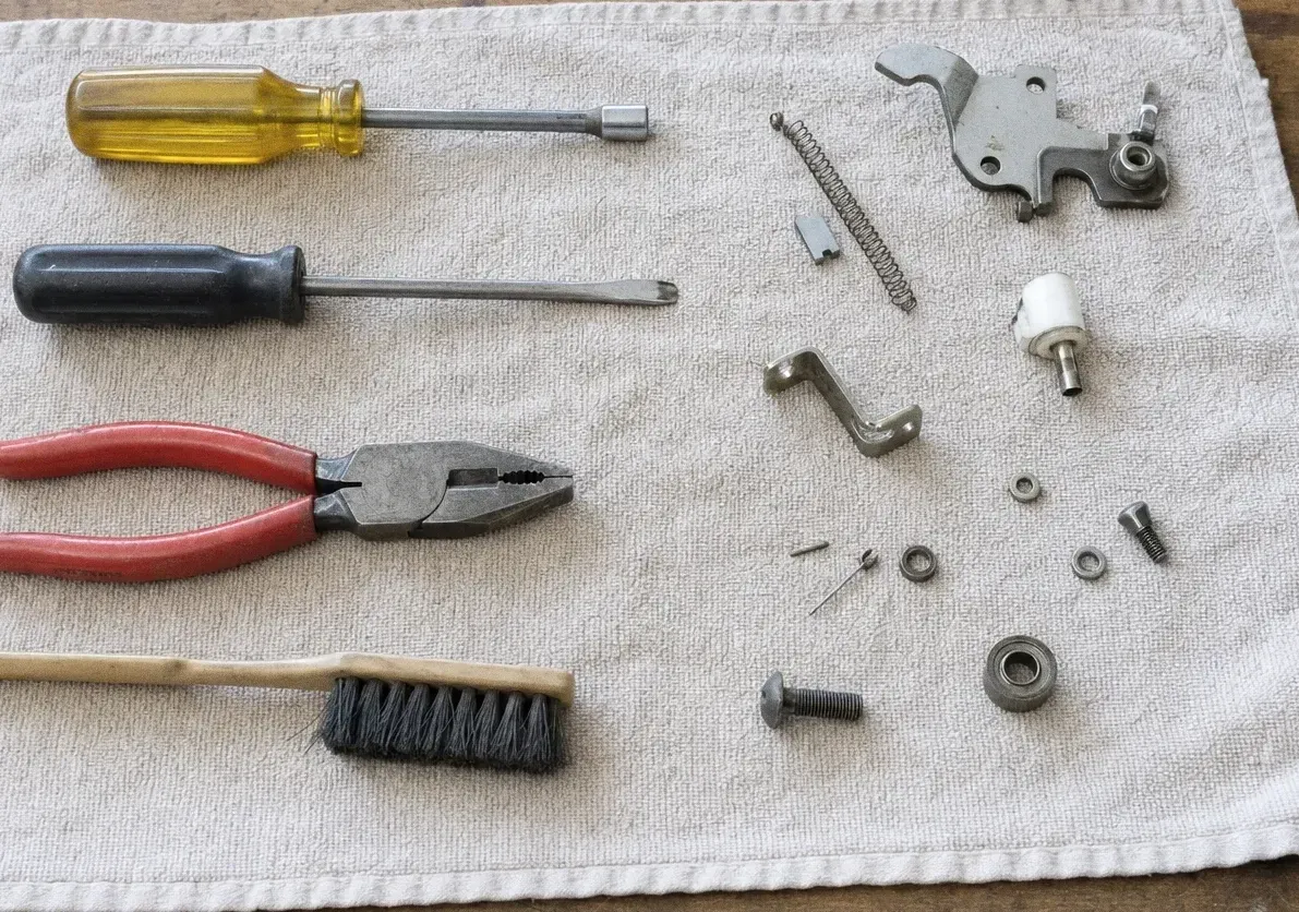 Overhead view of screwdrivers and lineman’s pliers beside a metal linkage arm, a small white moulded component, washers, a spring and a roller