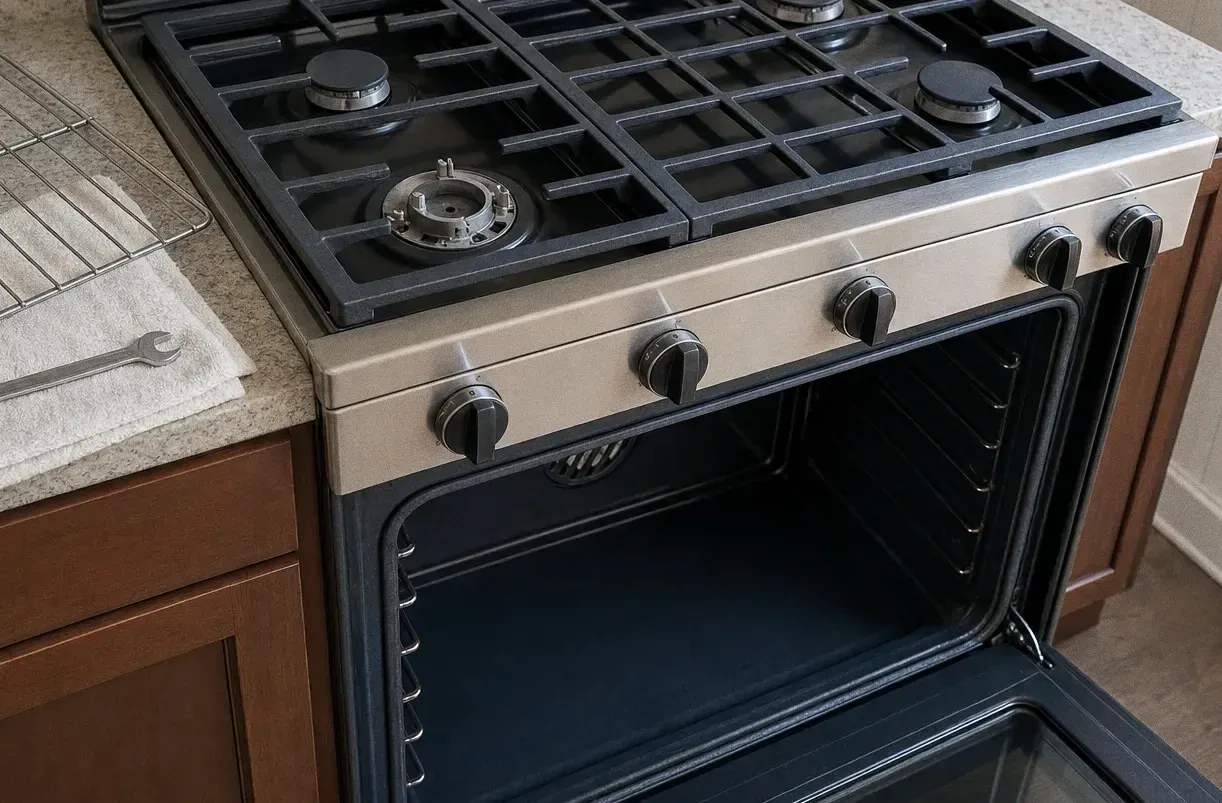 Cast-iron grates across a gas rangetop with a row of control knobs below and the oven door open on a dark cavity underneath
