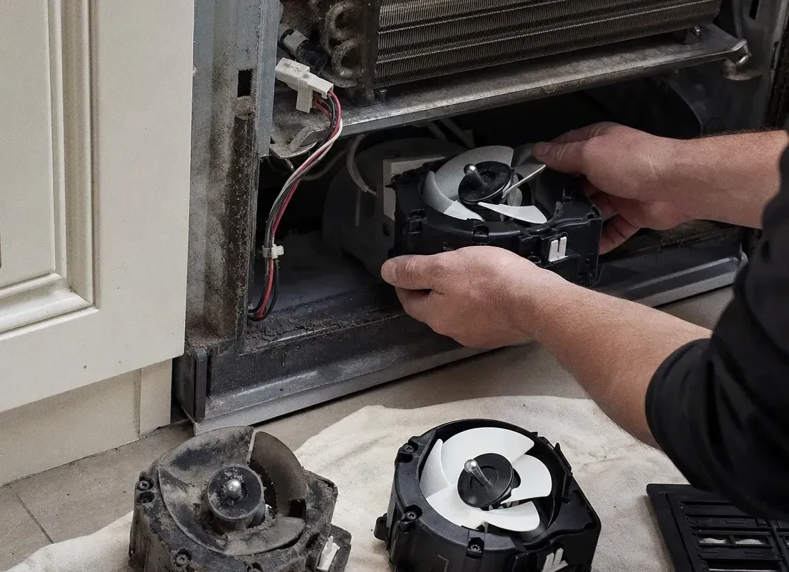 Hands seating a round blower assembly into a side opening in a built-in cabinet, with a second fan motor and a round part on the floor below