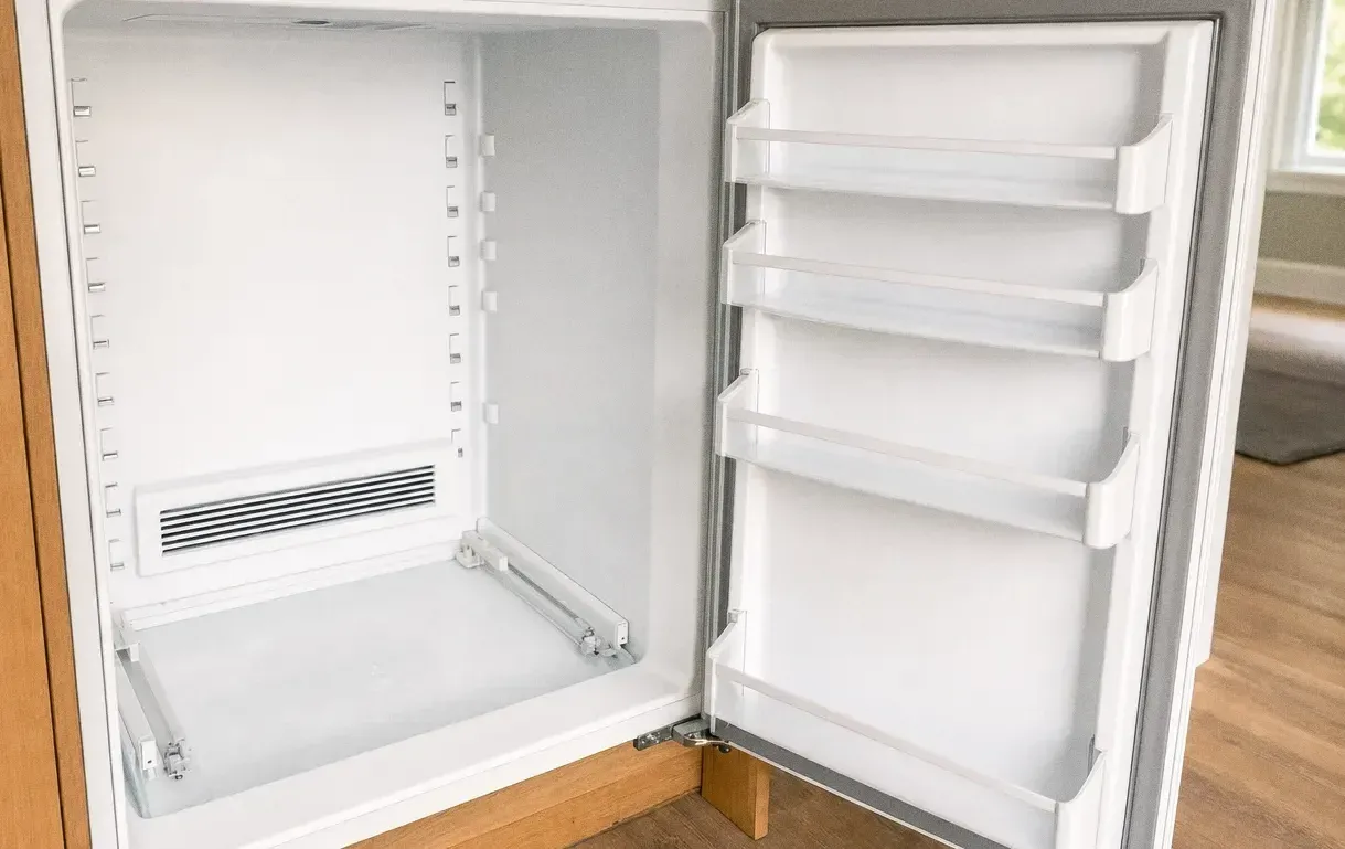 A white built-in refrigerator and freezer with both doors open on an empty interior, a granite counter to the left and the base vent grille visible