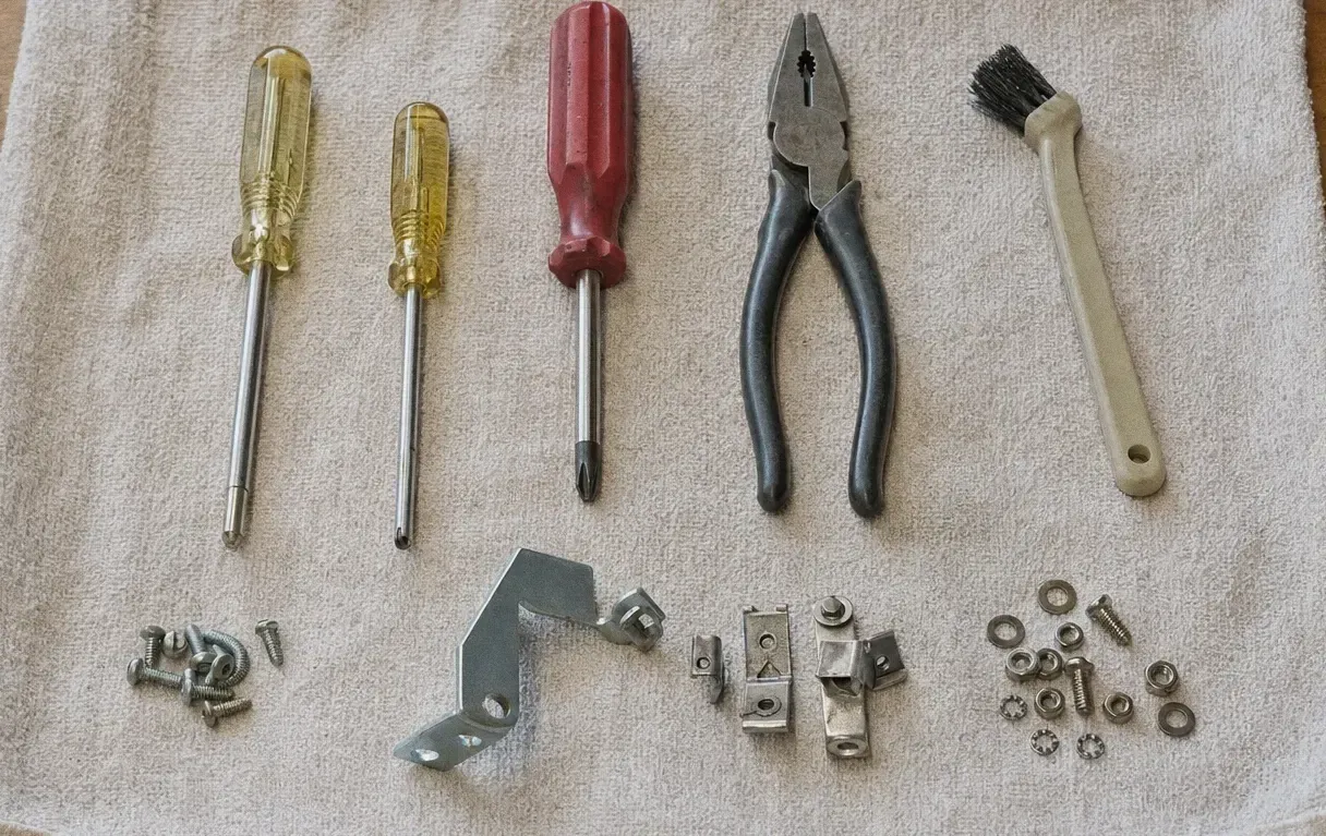 Overhead view of two yellow screwdrivers and a red one beside lineman’s pliers, a brush, a bracket and a handful of screws and nuts
